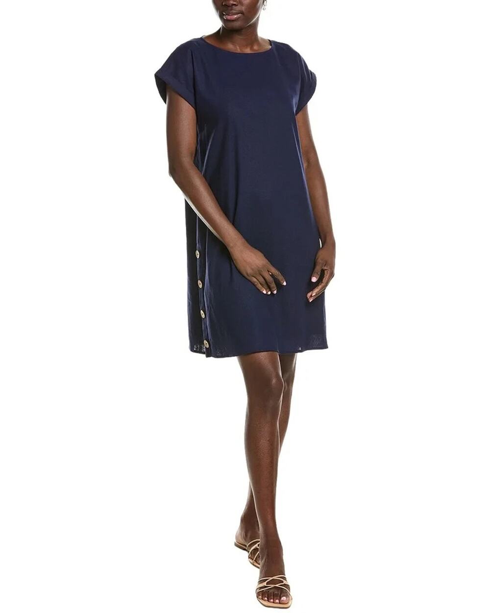 Jones New York Short Sleeve Linen-Blend Swing Dress Blue Size XL 3751